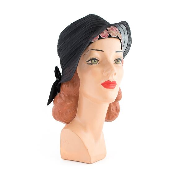 Vintage 1920s Cloche 20s Velvet Floral Black Woven Summer Evening Hat with Bow - Picture 3 of 10